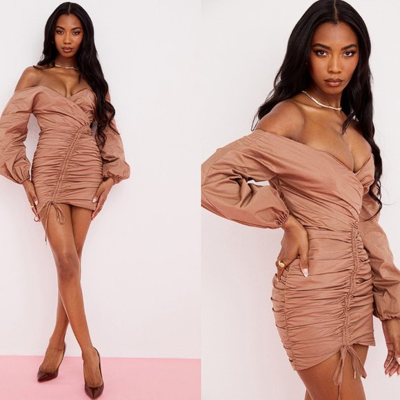 HOUSE OF CB 'Indra' Mocha Off The Shoulder Wrap Mini Dress NWOT - Picture 3 of 13